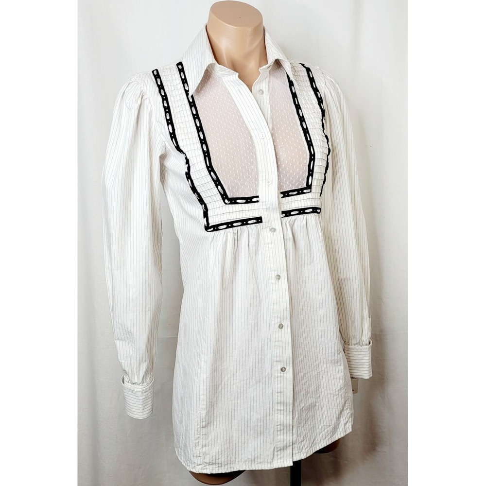 Free People White And Black Striped Button Up Tunic Long Sleeve Top Sz 0